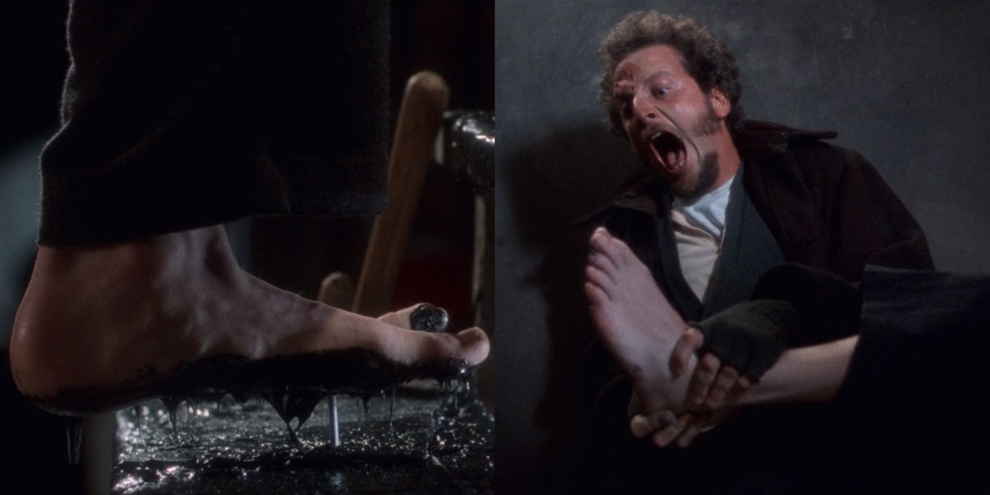 Split image of Marv stepping on a nail then screaming in pain in Home Alone (1990)