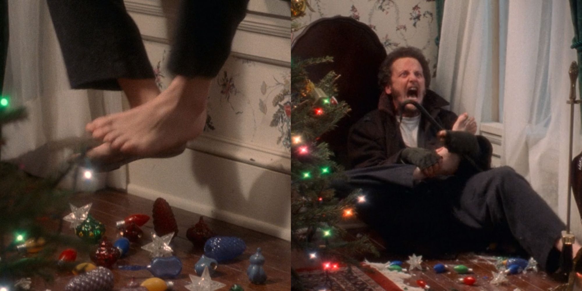 Split image of Marv suffering through the tree ornament trap in Home Alone (1990)