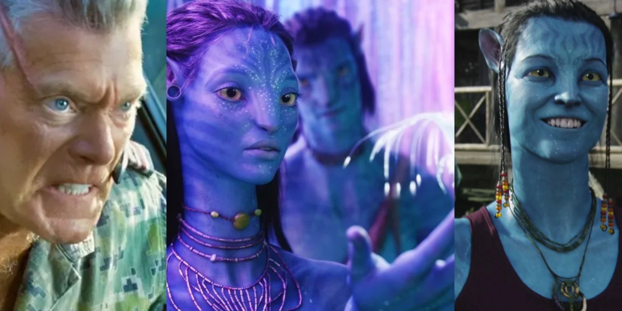 Split image of Miles Quaritch angrily baring teeth, Neytiri and Jake marvelling at a seed from the Sacred tree, and Dr. Grace in Na'vi form, all from Avatar