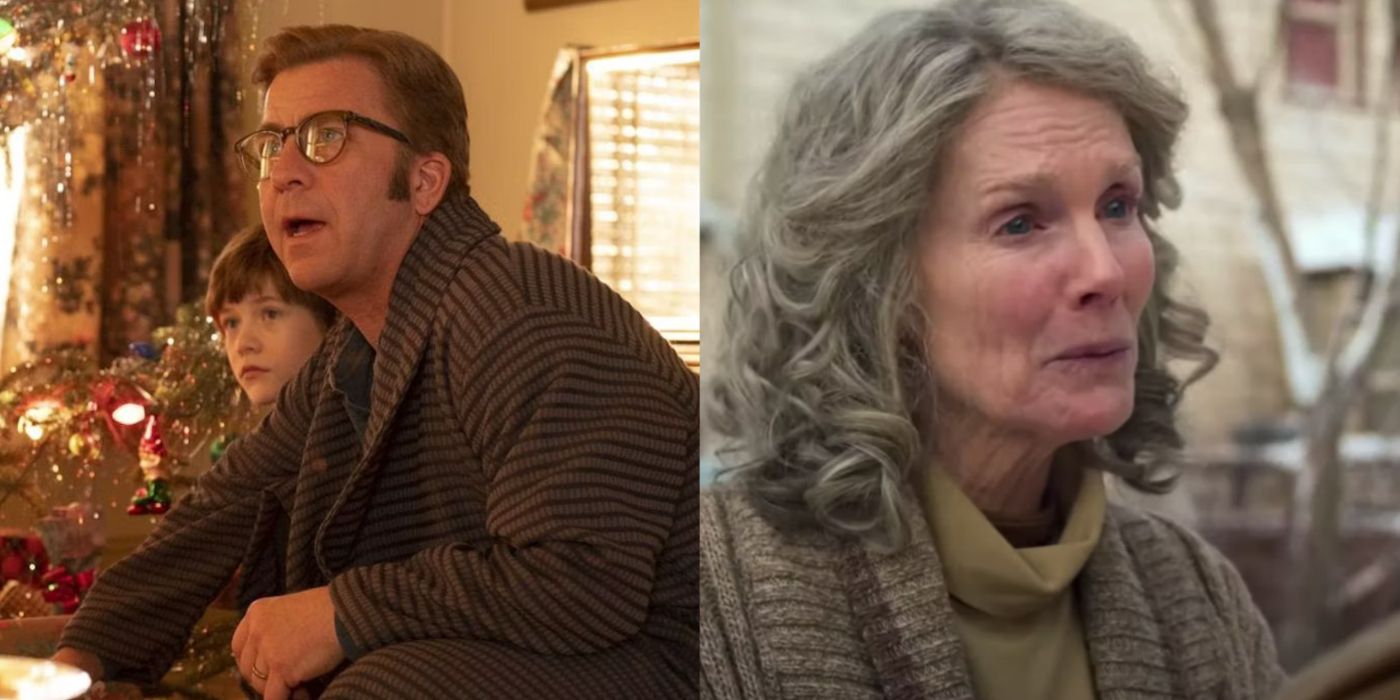 Split image of Ralphie and Mrs. Parker in A Christmas Story Christmas