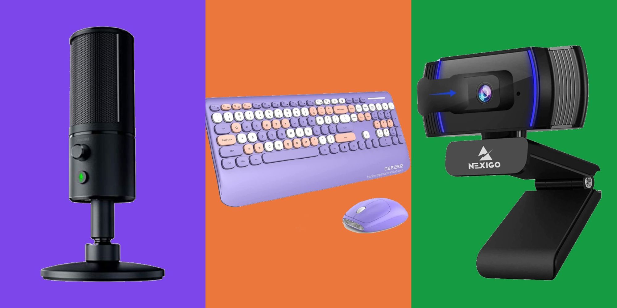 Split image of Razer mic, Geezer keyboard and mouse set, and Nexigo webcam, all from Amazon