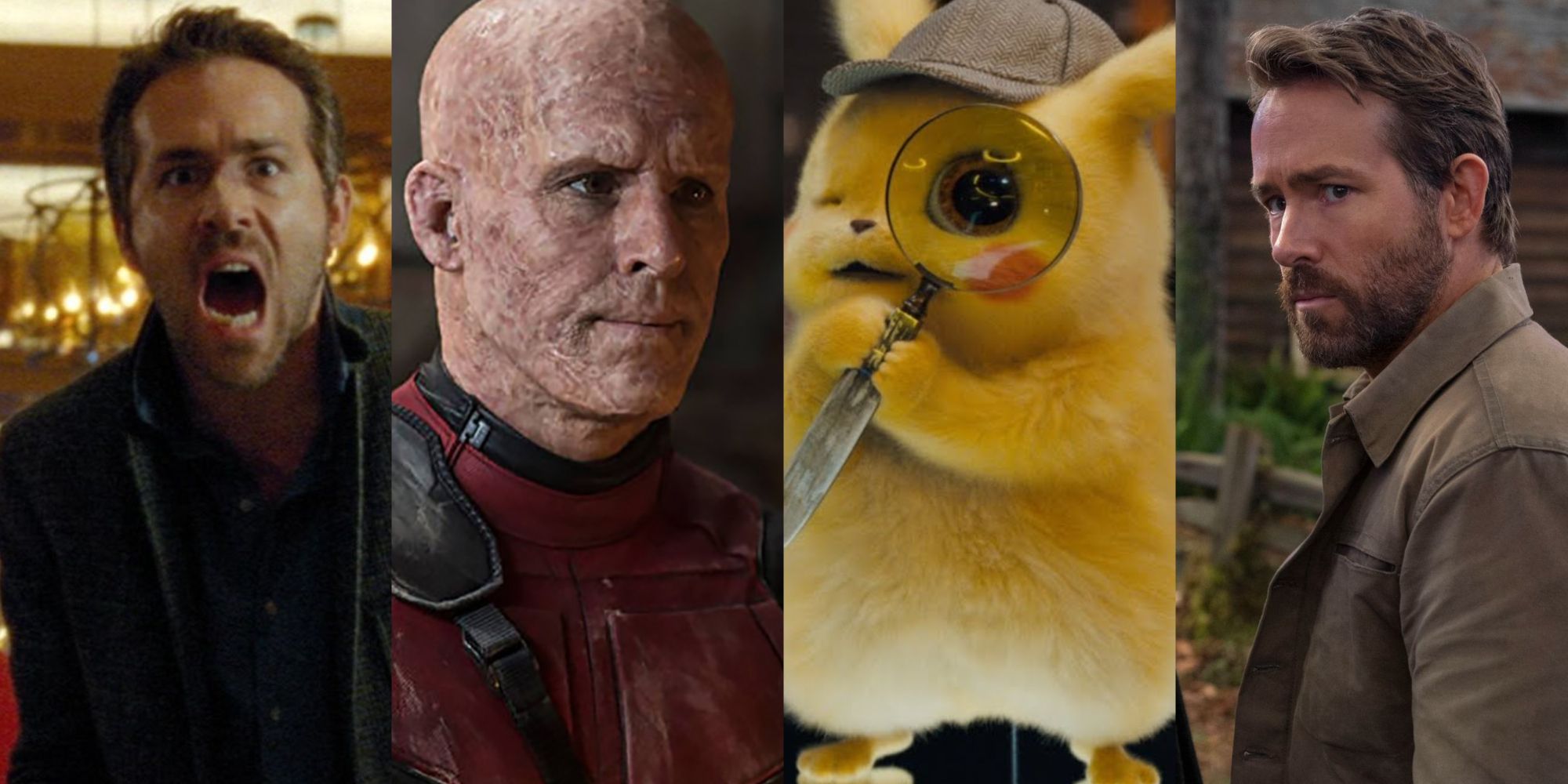 Split image of Ryan Reynolds in Mississippi Grind, Deadpool 2, Detective Pikachu and The Adam Project