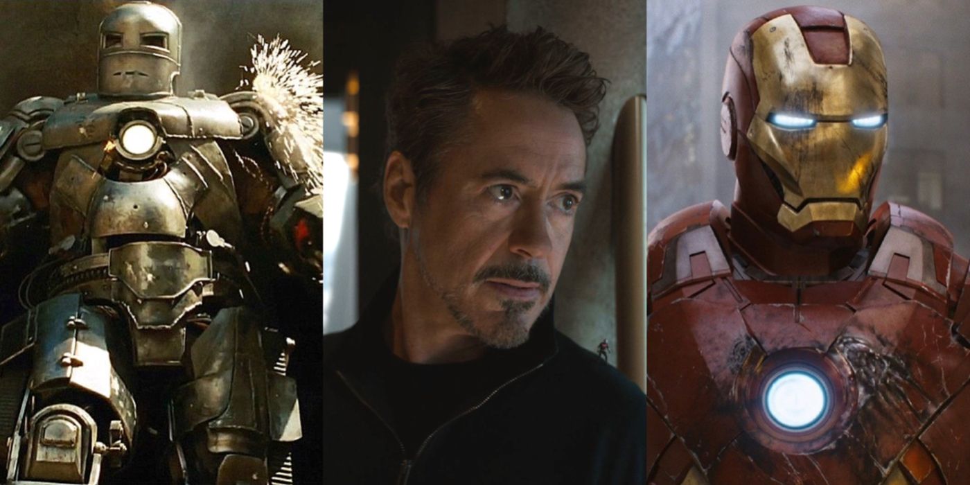 split image showing Tony Stark as Iron Man in the MCU in three different movies