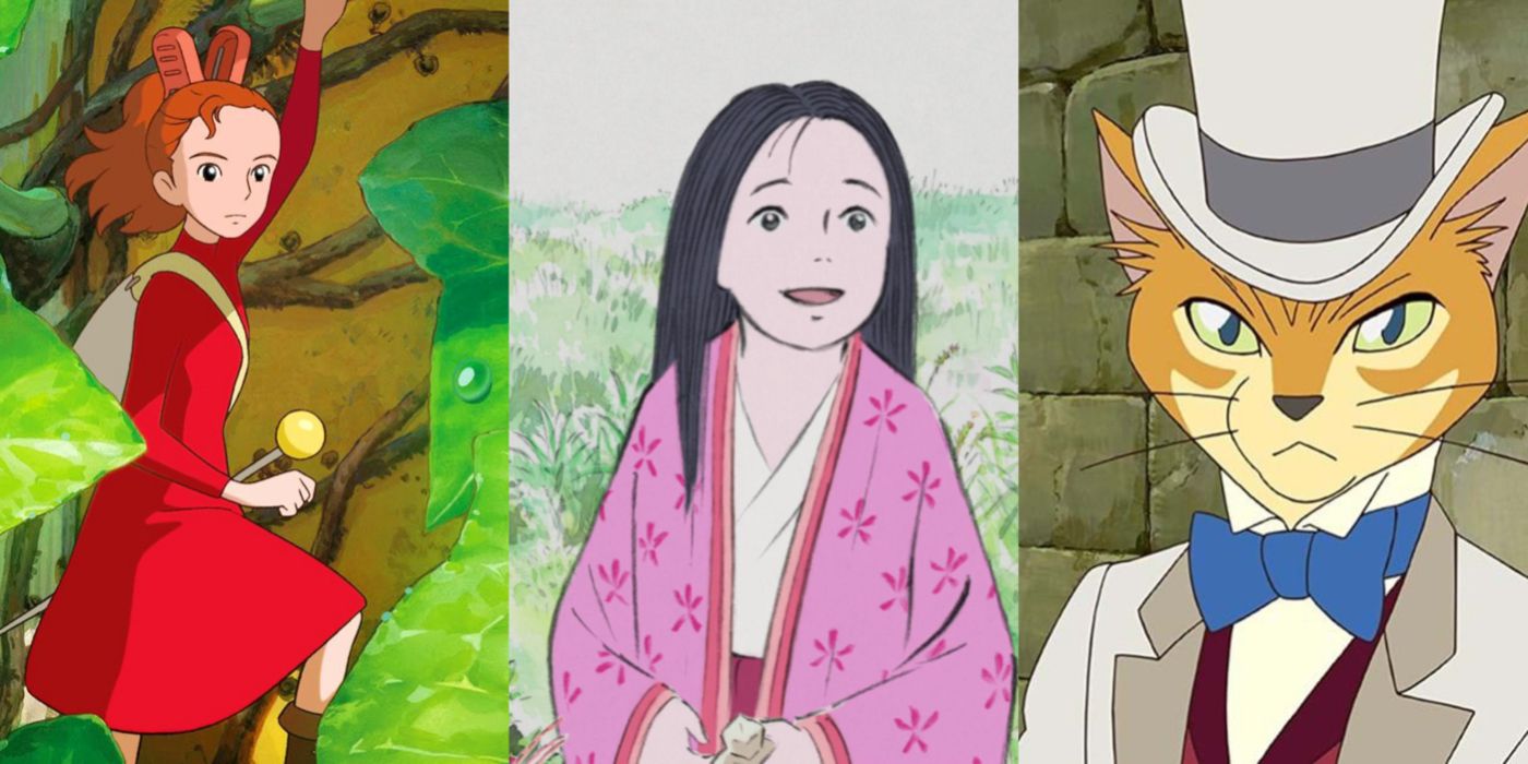 Split image showing Arrietty, Kaguya, and The Baron in their respective Studio Ghibli movies