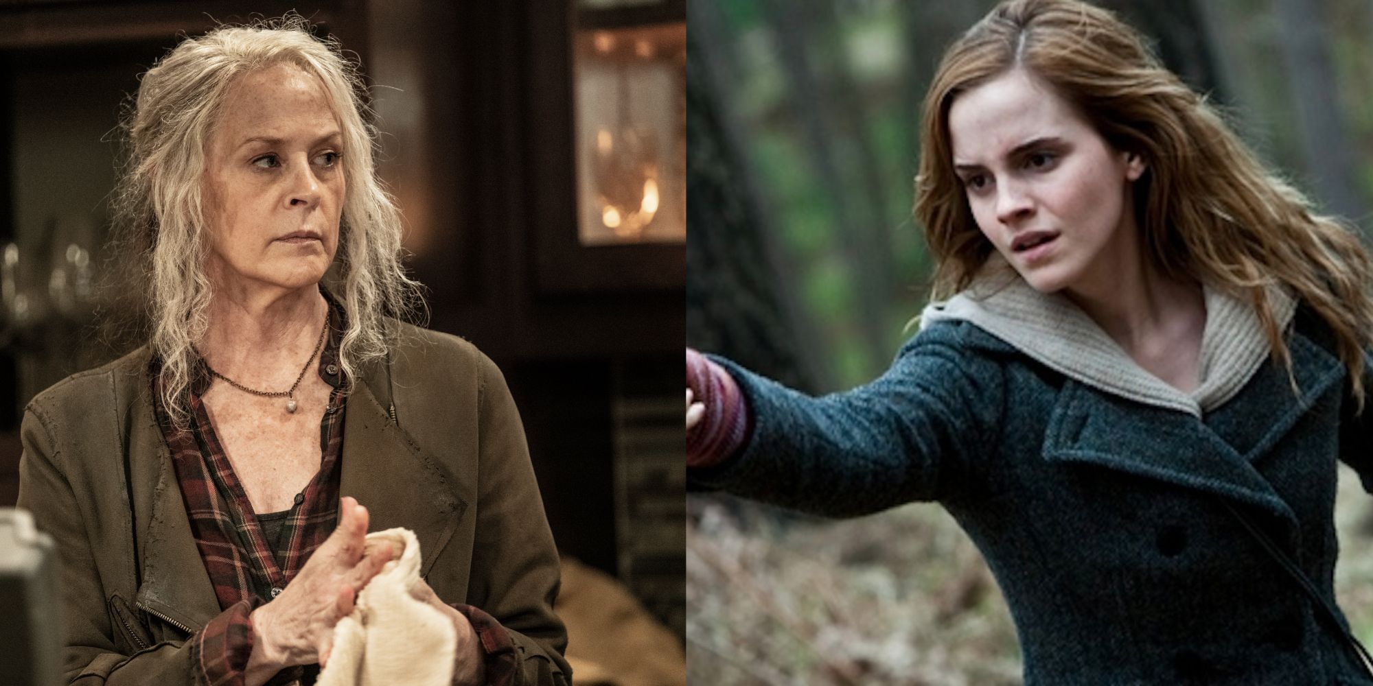 Split images of Carol looking to her left in The Walking Dead and Hermione holding a wand in Harry Potter 7