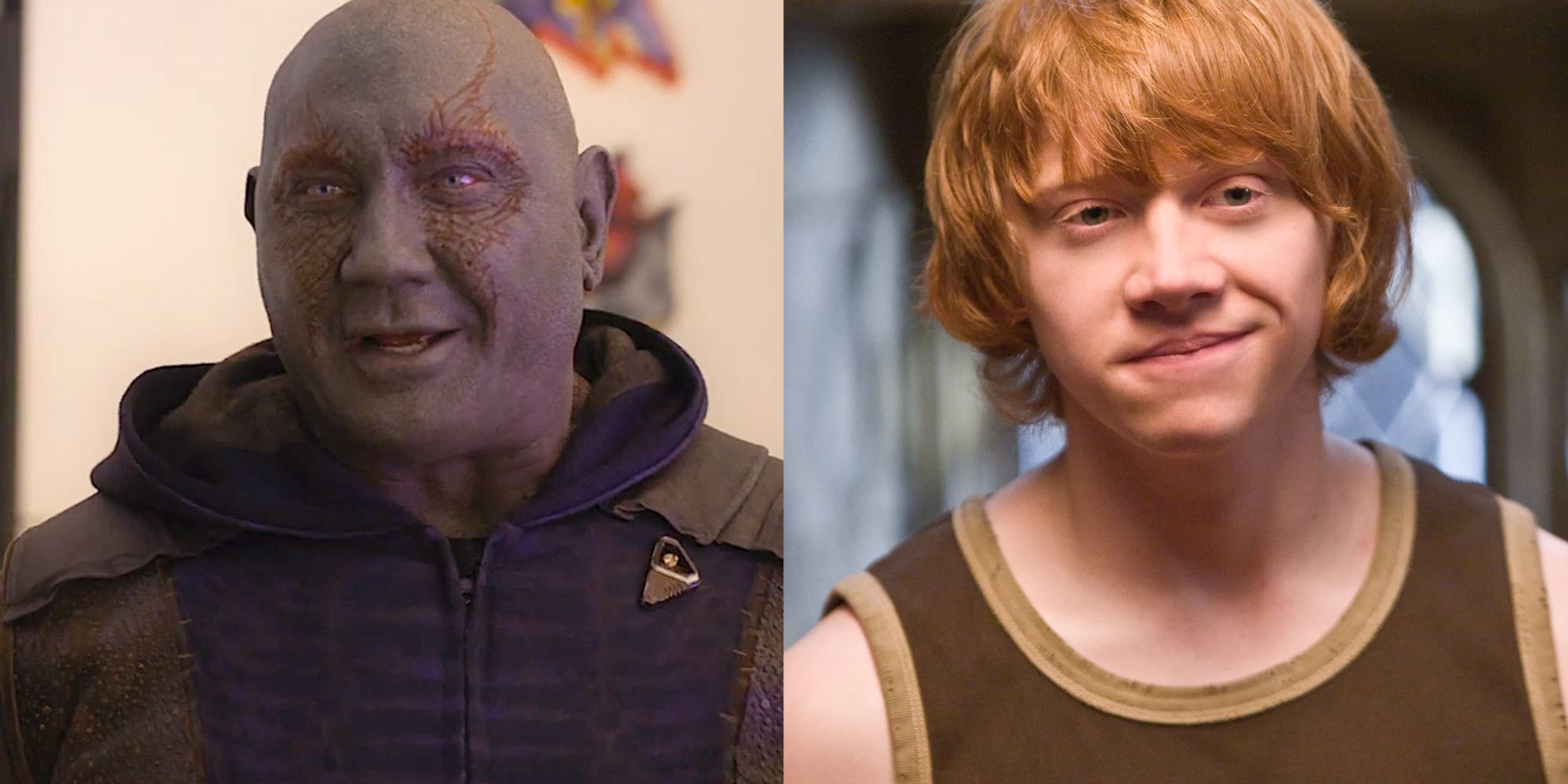 Split images of Drax laughing in Guardians of the Galaxy and Ron Weasley smiling in Harry Potter 5