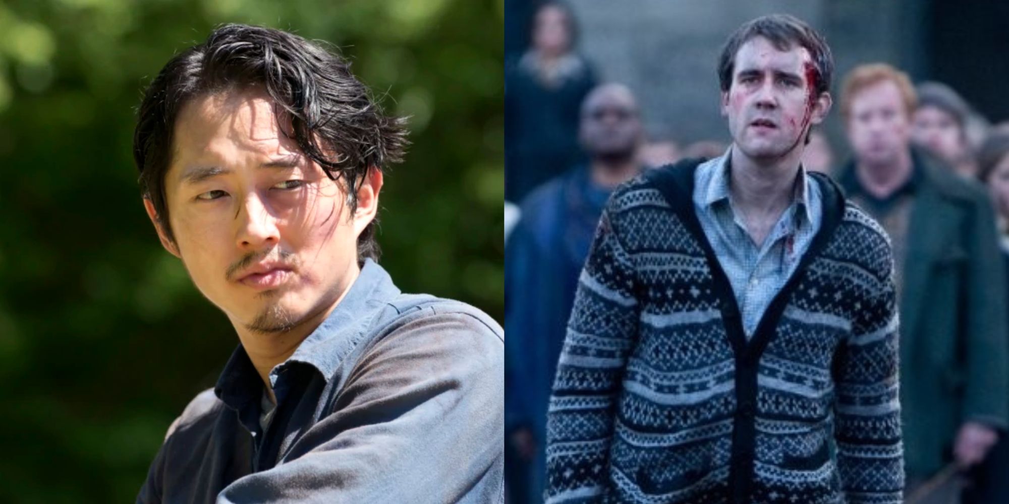 Split images of Glenn looking to his left in The Walking Dead and Neville Longbottom looking ahead in Harry Potter