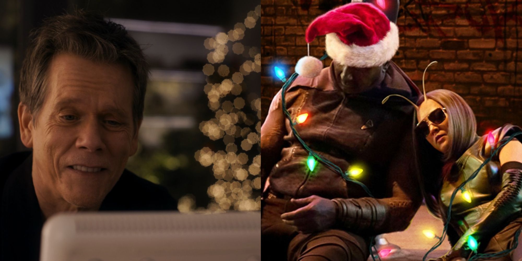 Split images of Kevin Bacon smiling and Drax and Mantis knocked out in The Guardians of the Galaxy Holiday Special
