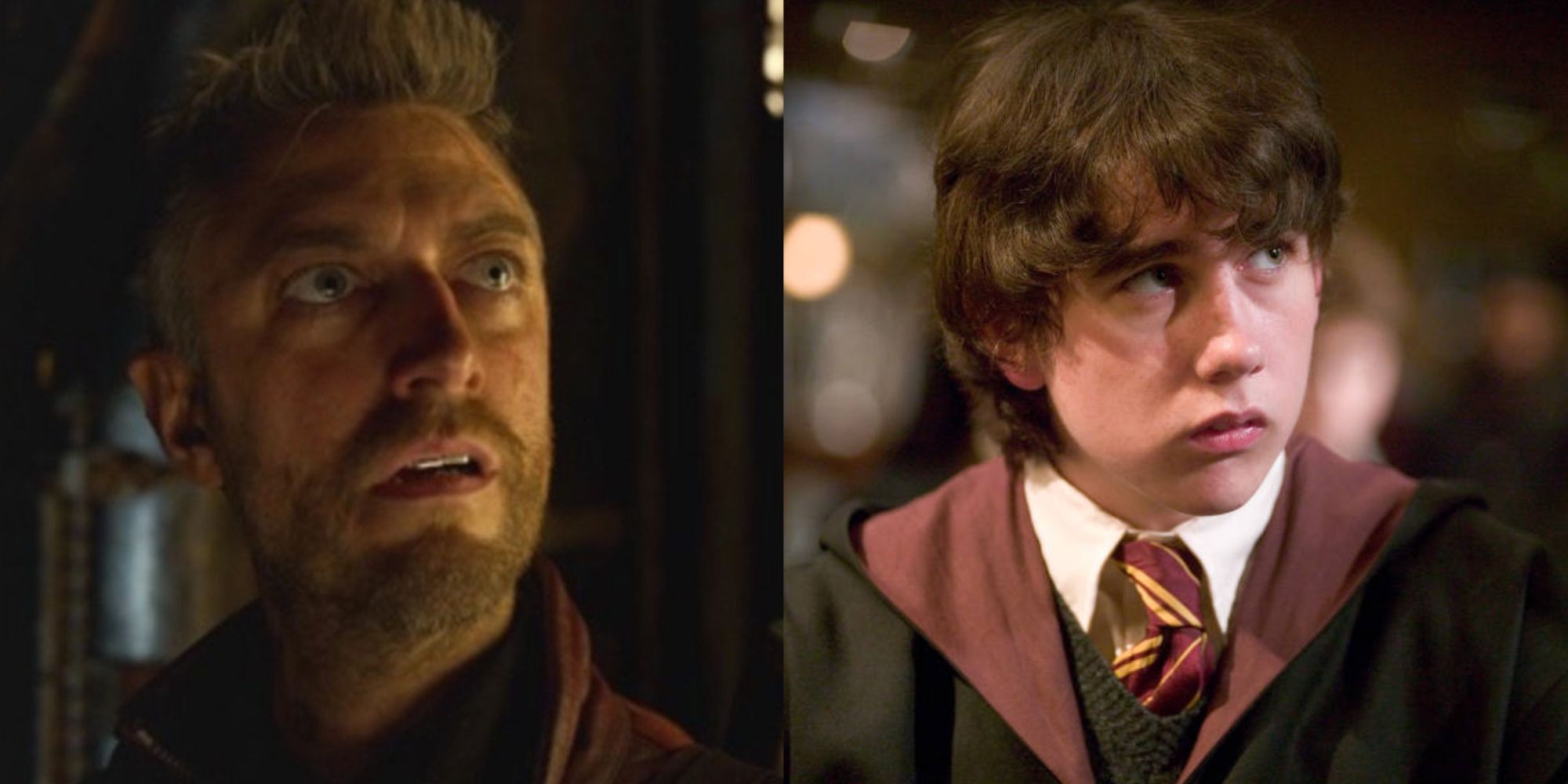Split images of Kraglin looking up in Guardians of the Galaxy and Neville Longbotton looking up in Harry Potter 3