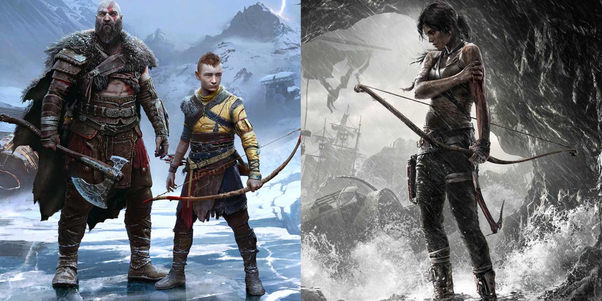 Split images of Kratos and Atreus in God of War Ragnarok and Lara Croft in Tomb Raider
