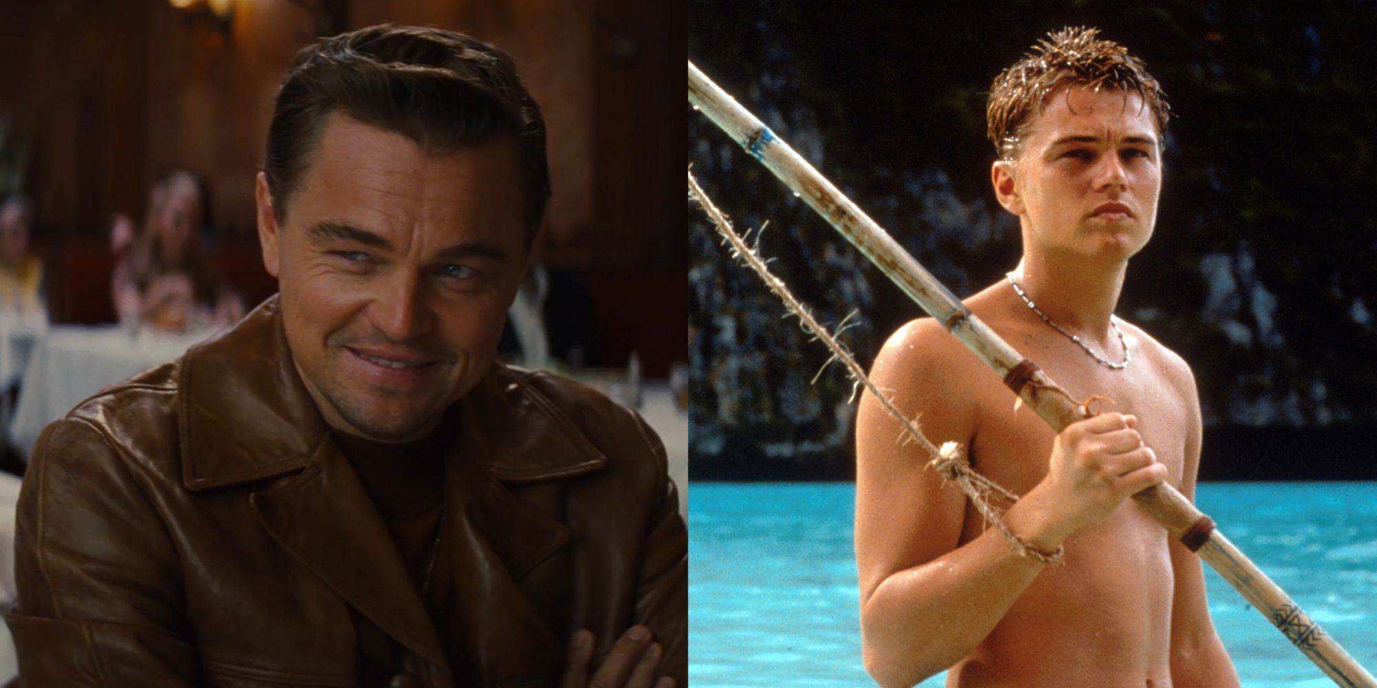 Split images of Leonardo DiCaprio smiling in Once Upon a Time in Hollywood and holding a fishing rod in The Beach
