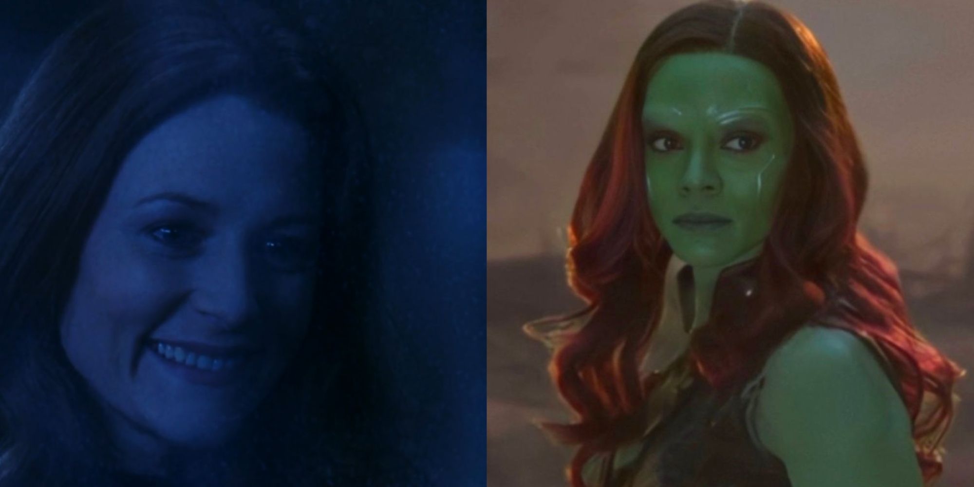 Split images of Lily Potter smiling in Harry Potter and Gamora looking sideways in Avengers Endgame