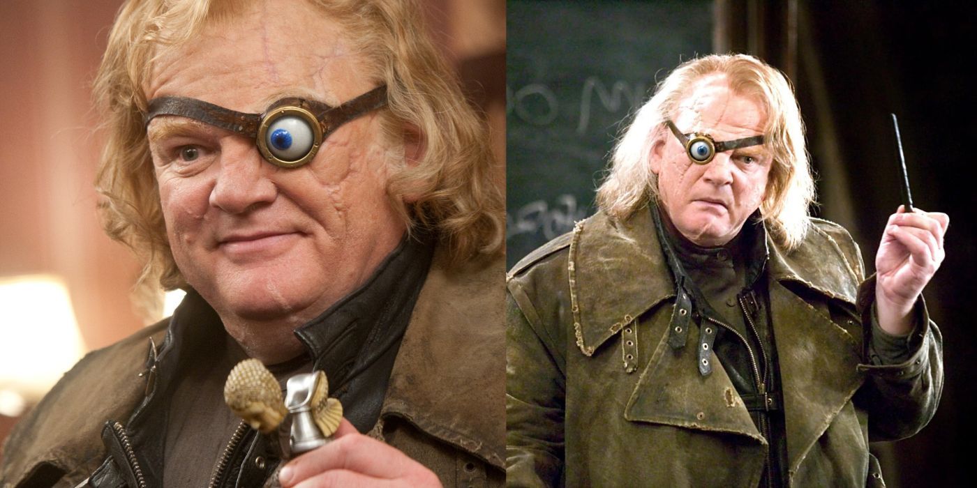 Split images of Mad Eye Moody smiling and holding a wand