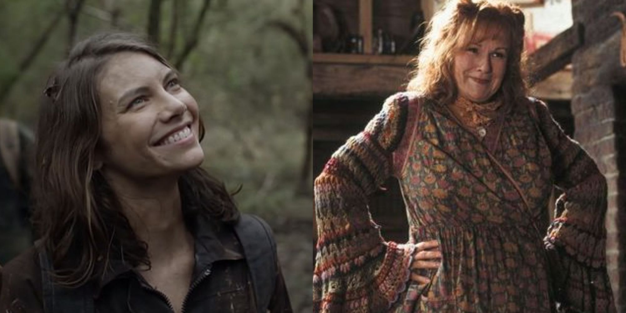 Split images of Maggie smiling in The Walking Dead and Molly Weasley smiling in Harry Potter 2