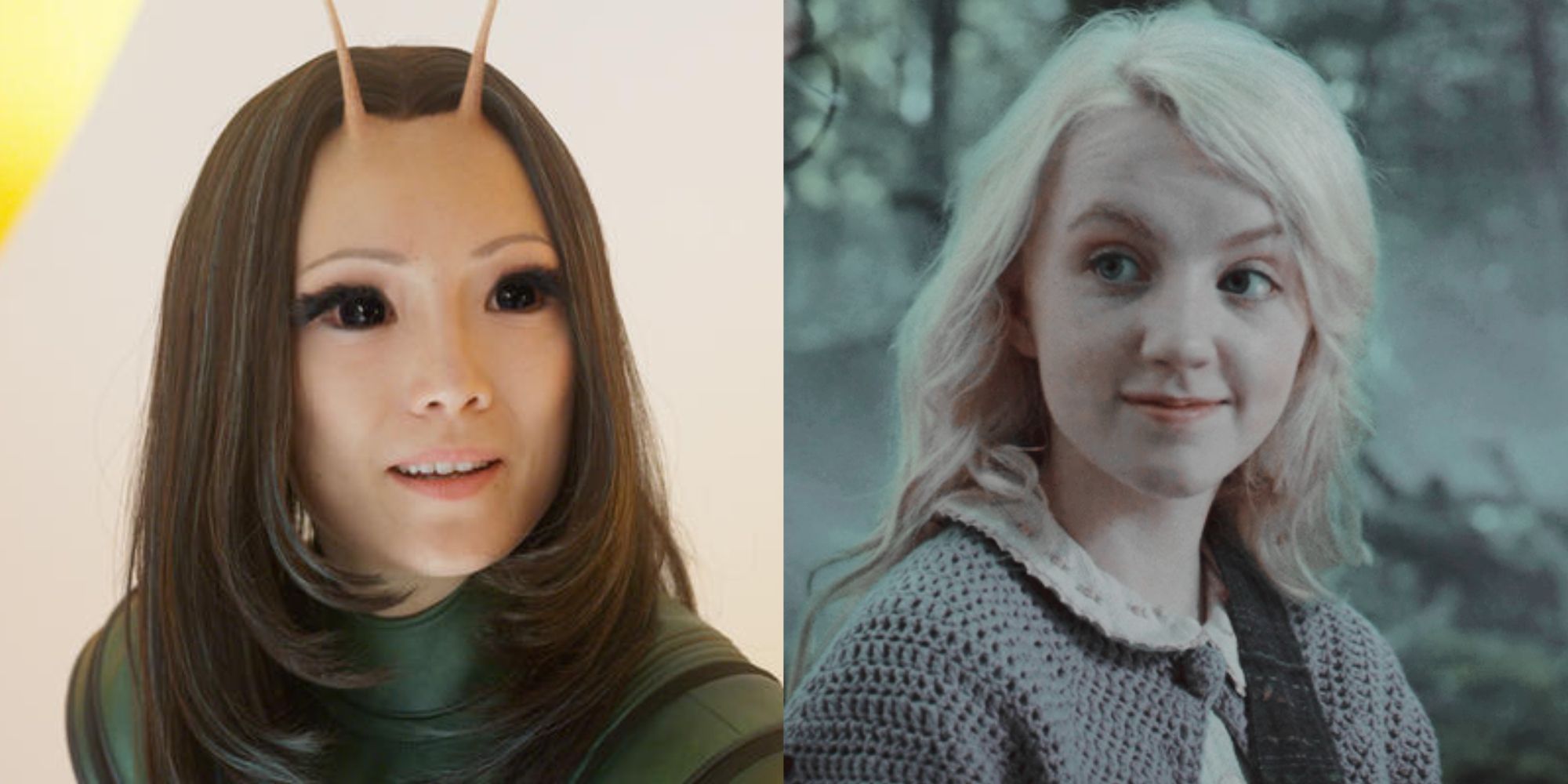 Split images of Mantis smiling in Guardians of the Galaxy 2 and Luna Lovegood smiling in Harry Potter 5