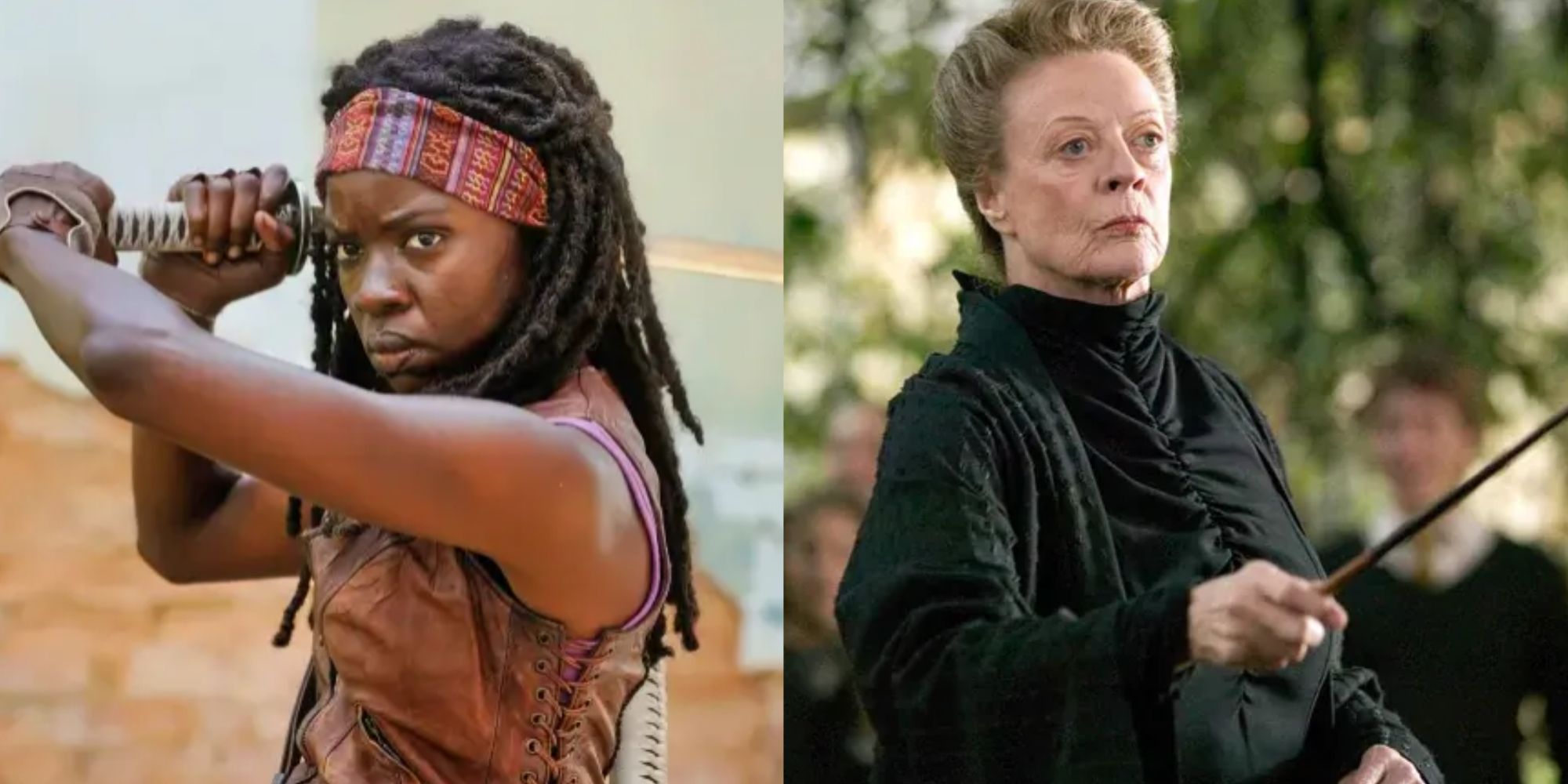 Split images of Michonne holding a katana in The Walking Dead and Minerva McGonagall holding a wand in Harry Potter