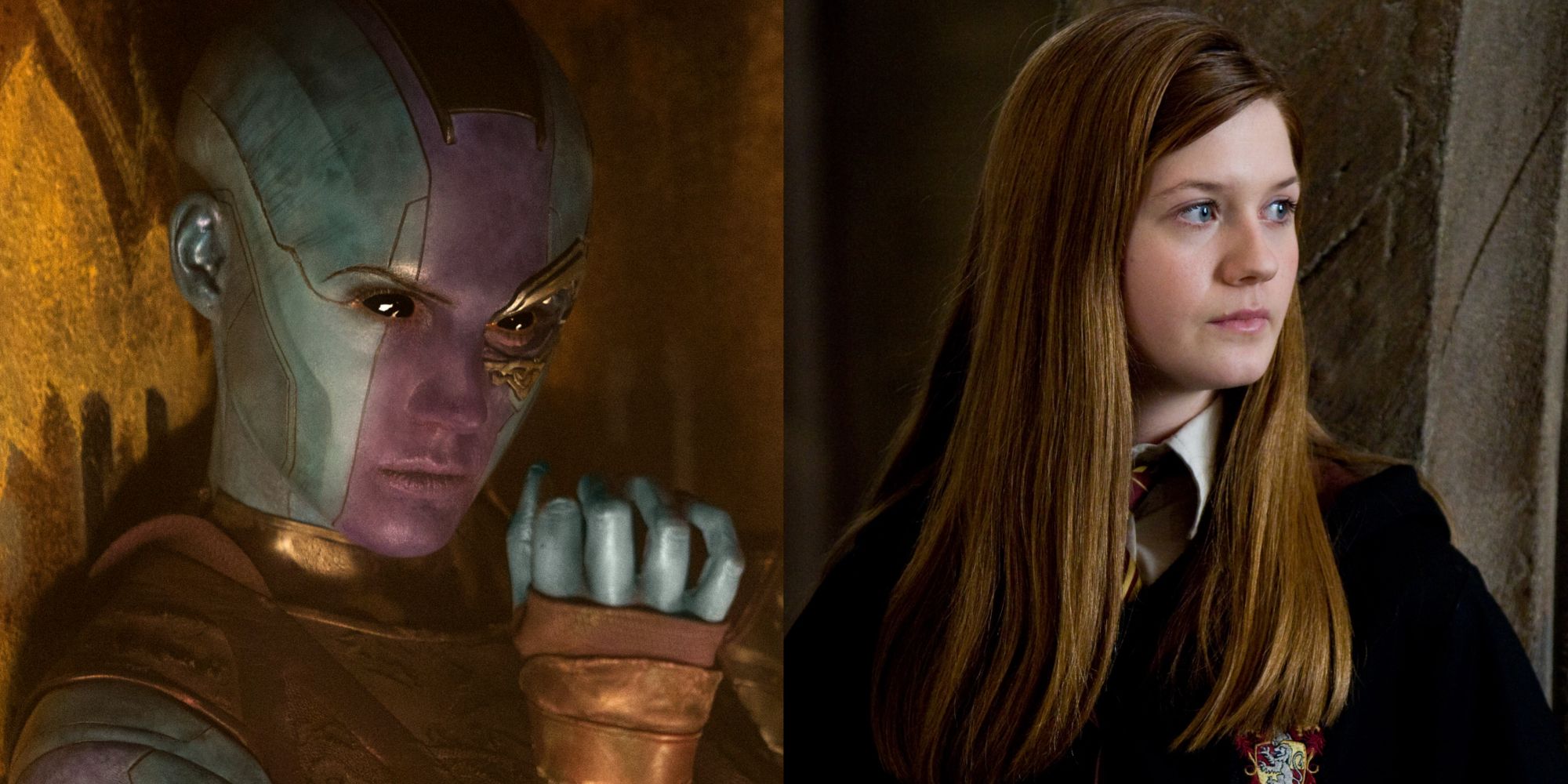 Split images of Nebula in Guardians of the Galaxy and Ginny Weasley in Harry Potter