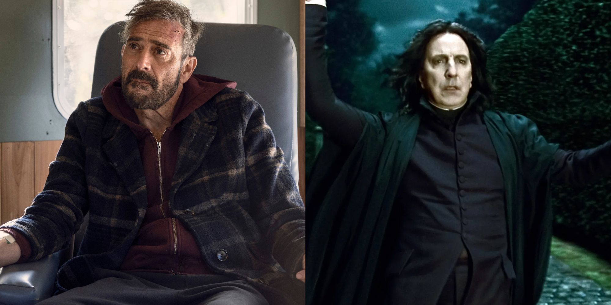 Split images of Negan looking sad in The Walking Dead and Severus Snape looking sad in Harry Potter 7
