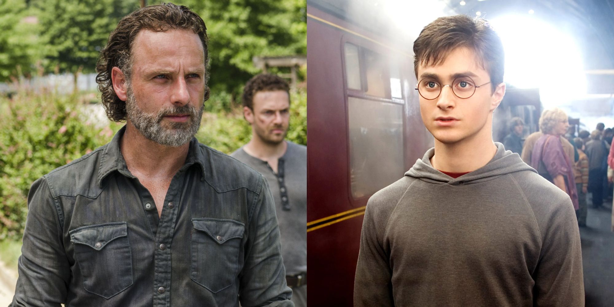 Split images of Rick Grimes looking angry in The Walking Dead and Harry Potter looking ahead
