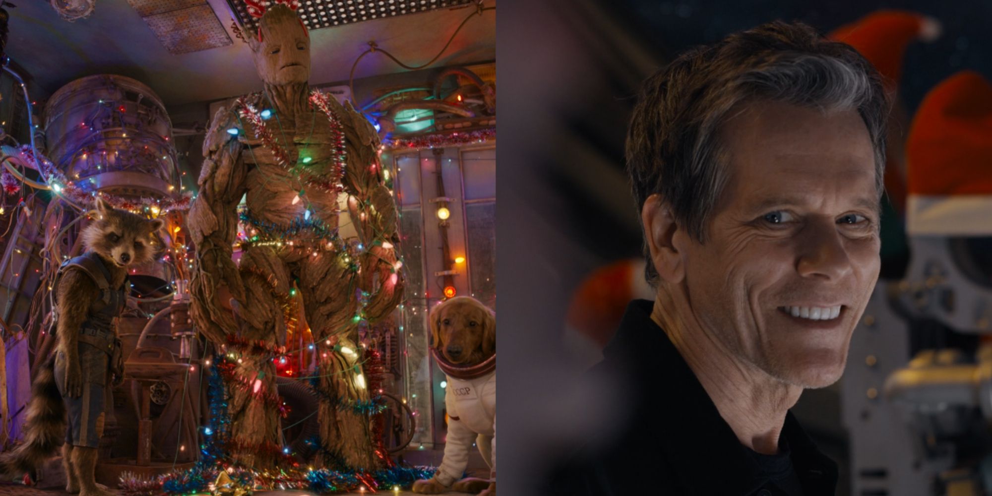 Split images of Rocket and Groot and Kevin Bacon smiling in The Guardians of the Galaxy Holiday Special