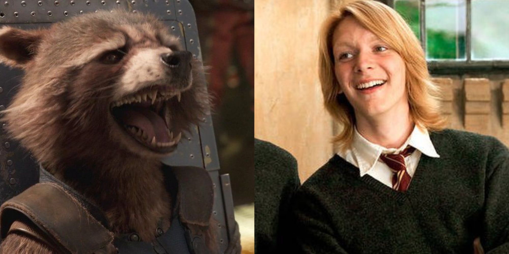 Split images of Rocket laughing in Guardians of the Galaxy and Fred Weasley laughing in Harry Potter 4
