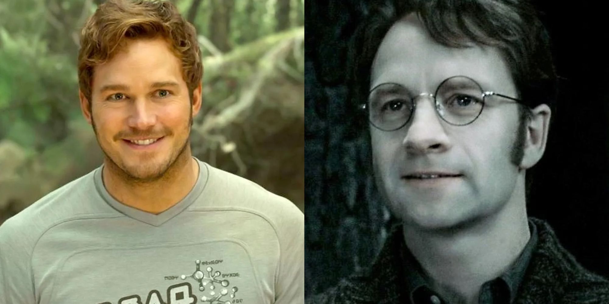 Split images of Star-Lord smiling in Guardians of the Galaxy 2 and James Potter smiling in Harry Potter 8