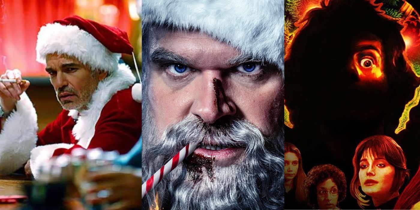 Split images of stills from Bad Santa, Violent Night, and Black Christmas