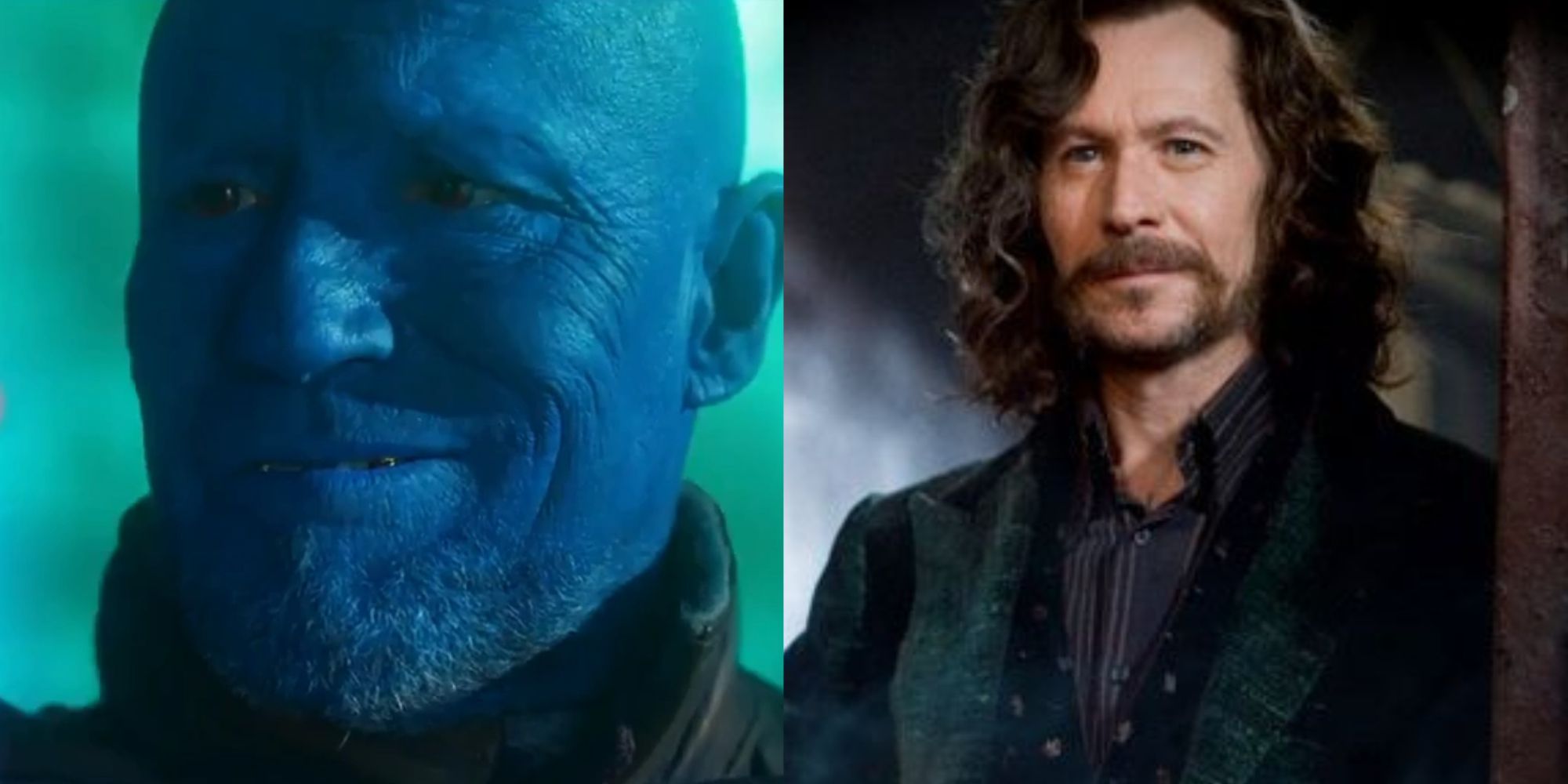Split images of Yondu smiling in Guardians of the Galaxy 2 and Sirius Black smiling in Harry Potter 5