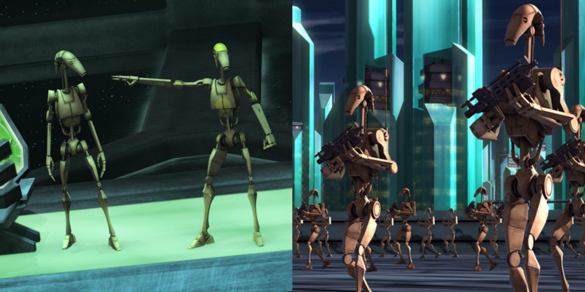 Split imge of battle droids in The Clone Wars