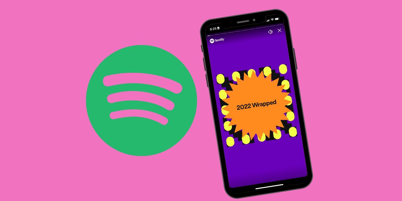 Spotify logo next to a cell phone with a screenshot of the 2022 Wrapped story.