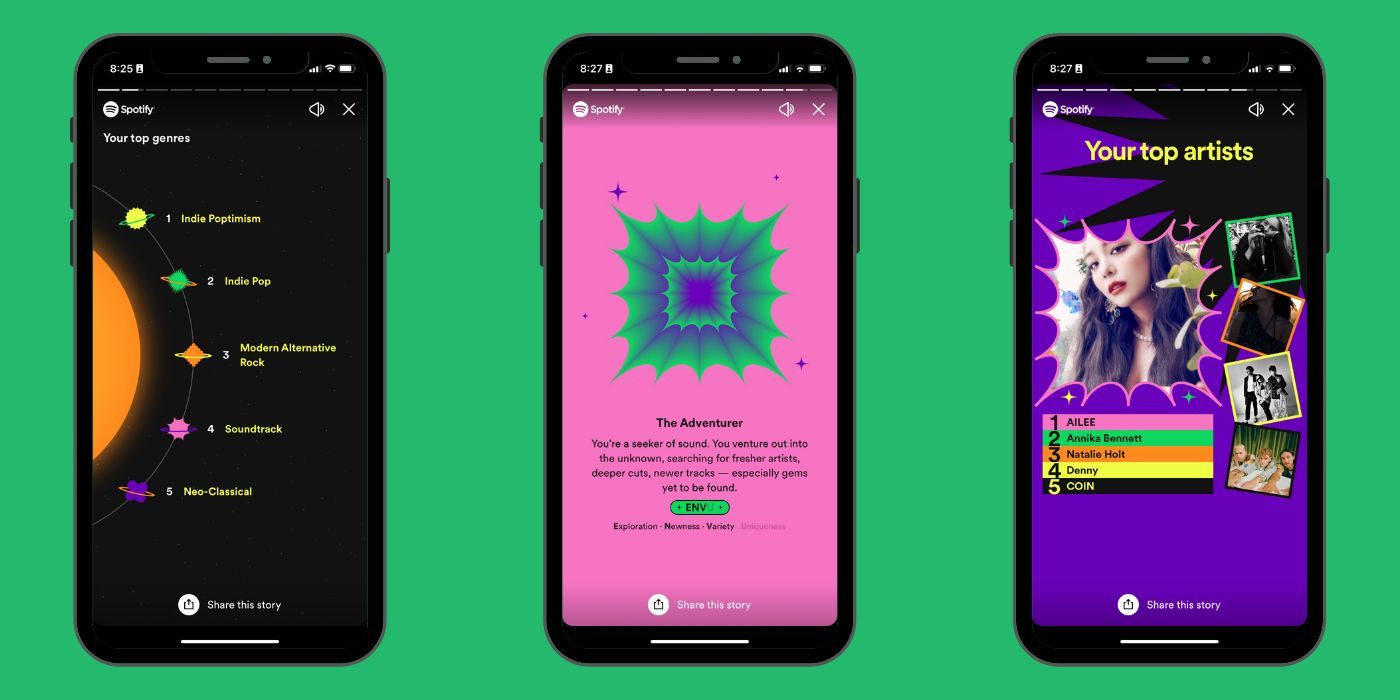 Três celulares exibindo capturas de tela do Spotify Wrapped: Top Genre à esquerda, Music Personality no meio e Your Top Artist à direita.