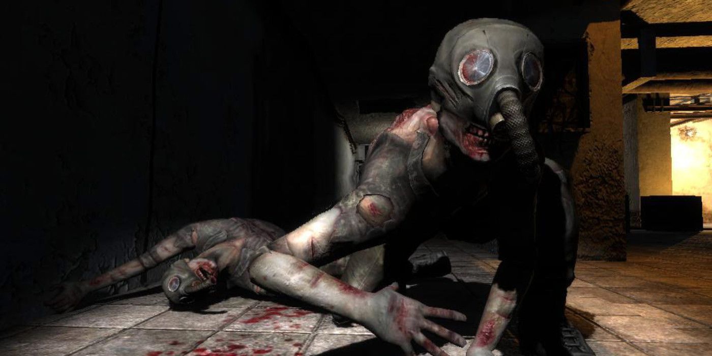 An undead creature wearing a gas mask in STALKER: Shadow of Chernobyl