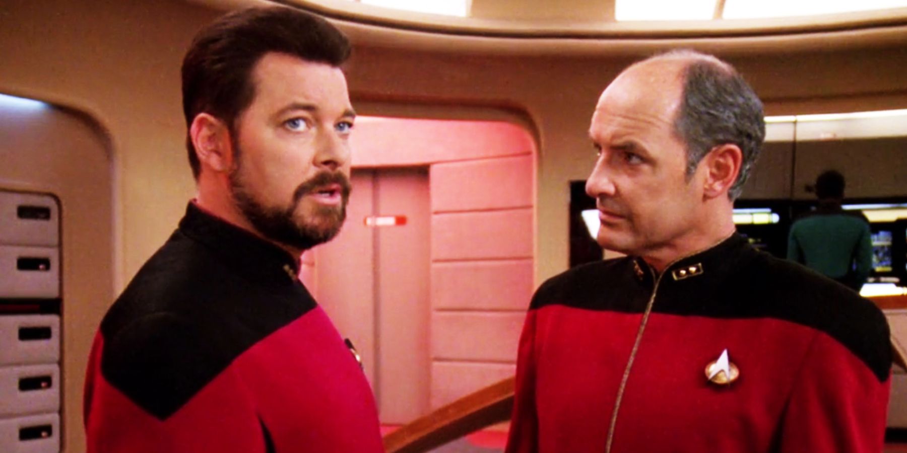 Jonathan Frakes as Will Riker and Terry O'Quinn as Admiral Pressman