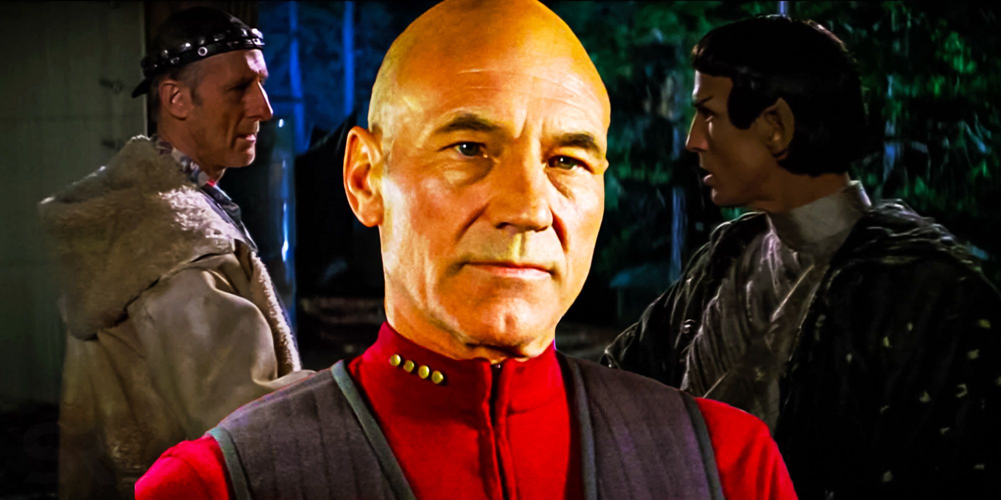 Patrick Stewart as Captain Picard in front of Zephram Cochrane meeting a Vulcan in Star Trek: First Contact