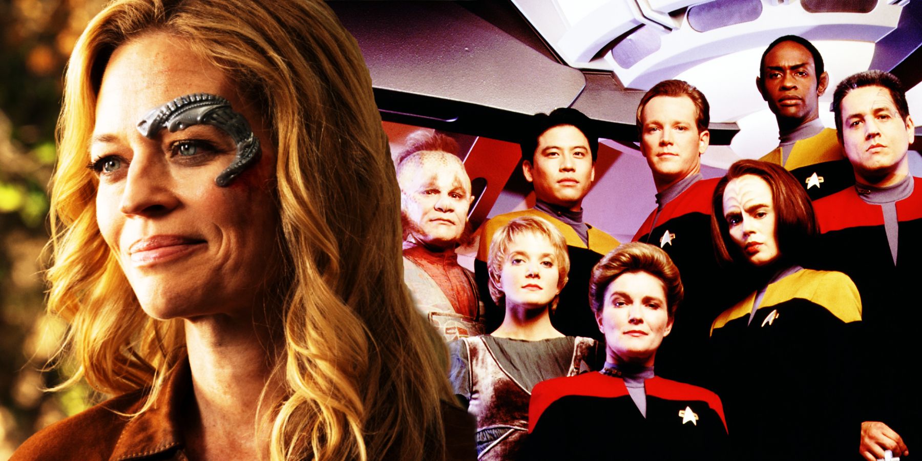 Jeri Ryan as Seven of Nine and the Star Trek Voyager cast
