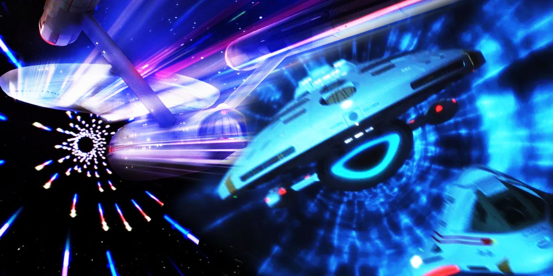 The Enterprise entering warp and Voyager entering the quantum slipstream