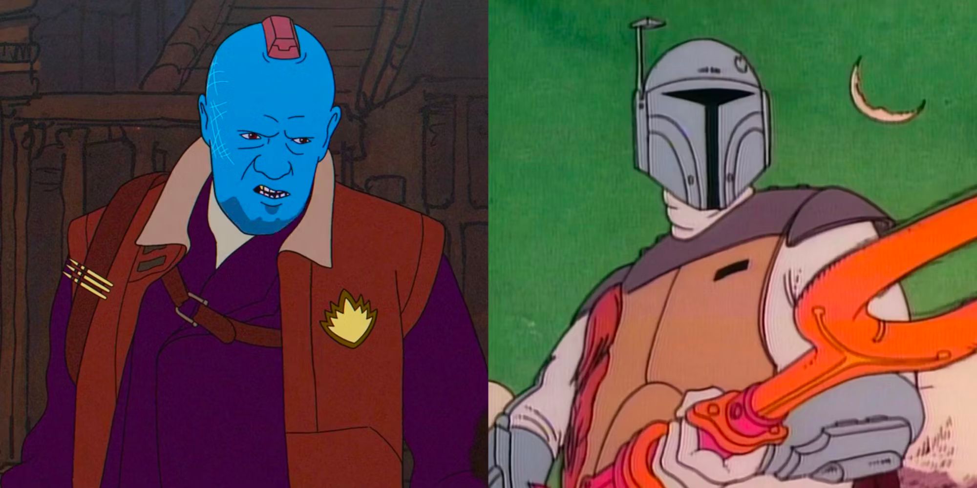 Star Wars and Guardians of the Galaxy Holiday Special Comparison - Yondu and Boba Fett animated sequences side by side