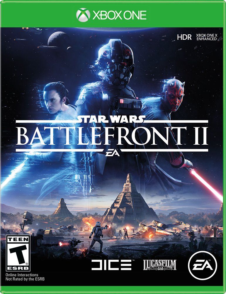 Star Wars Battlefront II cover with an Imperial Pilot, Rey Palpatine, and darth Maul posing; a battle rages beneath the title on an alien planet