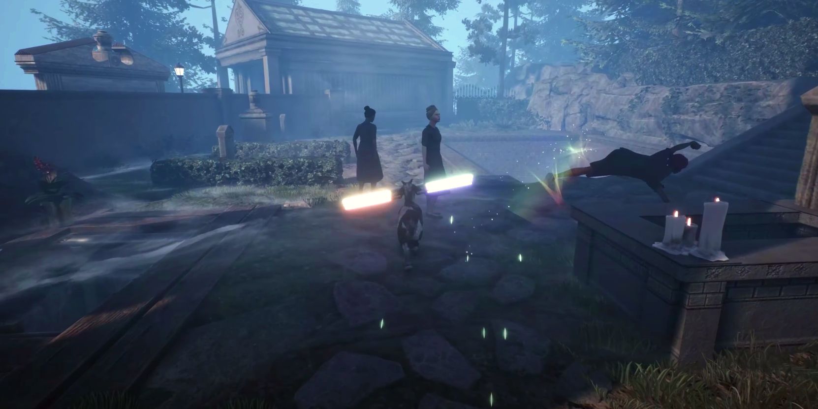 A player using the Pridesaber 2.0 against NPCs in Goat Simulator 3's Star Wars Easter egg.