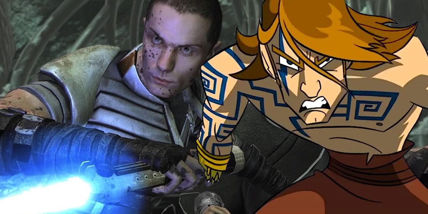 Starkiller posing with a blue lightsaber from Star Wars: The Force Unleashed next to an image of Anakin Skywalker from the 2003 Clone Wars cartoon.