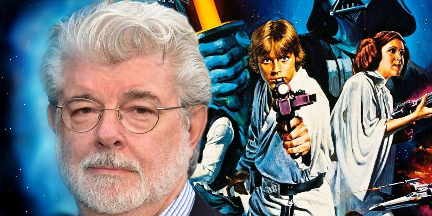 George Lucas to the left and Luke and Leia in a Star Wars poster to the right in a combined image