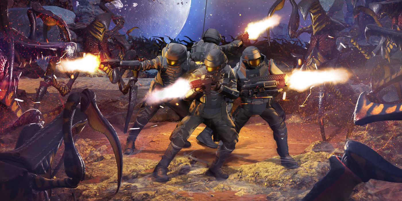 Arte promocional para Starship Troopers Extermination apresentando quatro soldados lutando contra uma horda de insetos.