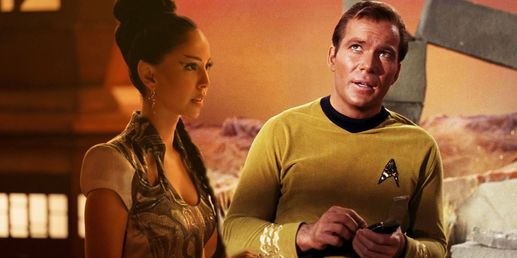 Gia Sandhu as Tpring and William Shatner as Kirk in Star Trek