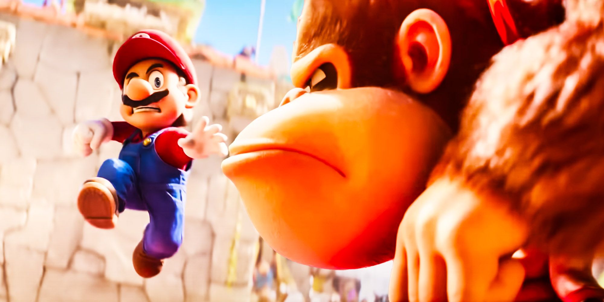 Super Mario ready to aim at Donkey Kong while Donkey Kong is made in Super Mario Bros Movie