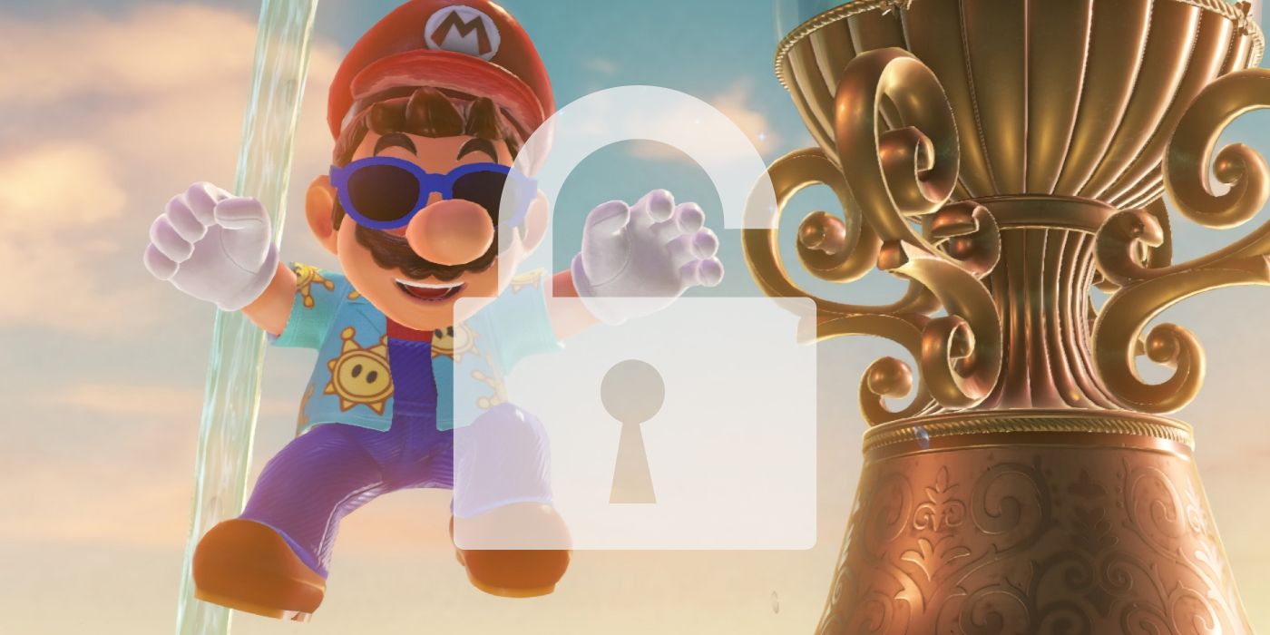 Mario in his Resort outfit from Odyssey behind a translucent unlock symbol.