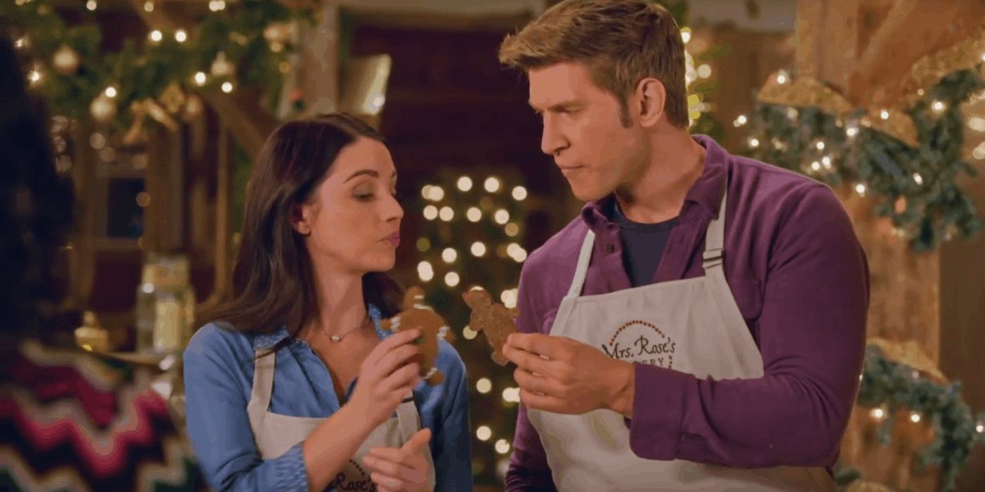 Um casal comendo uma sobremesa em A Sweet Christmas Romance