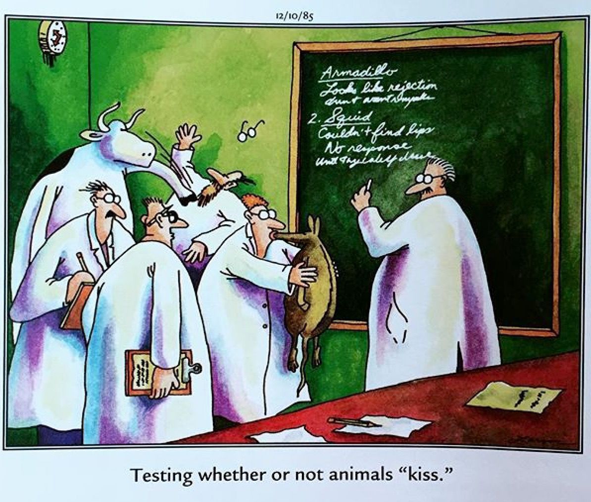 far side comic captioned "testing whether or not animals 'kiss'" and scientist kissing various animals