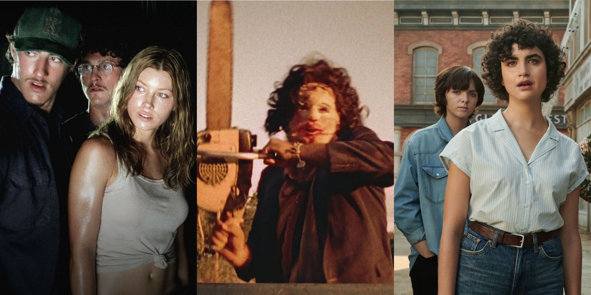 Split image of characters in Texas Chainsaw Massacre movies and Leeatherface