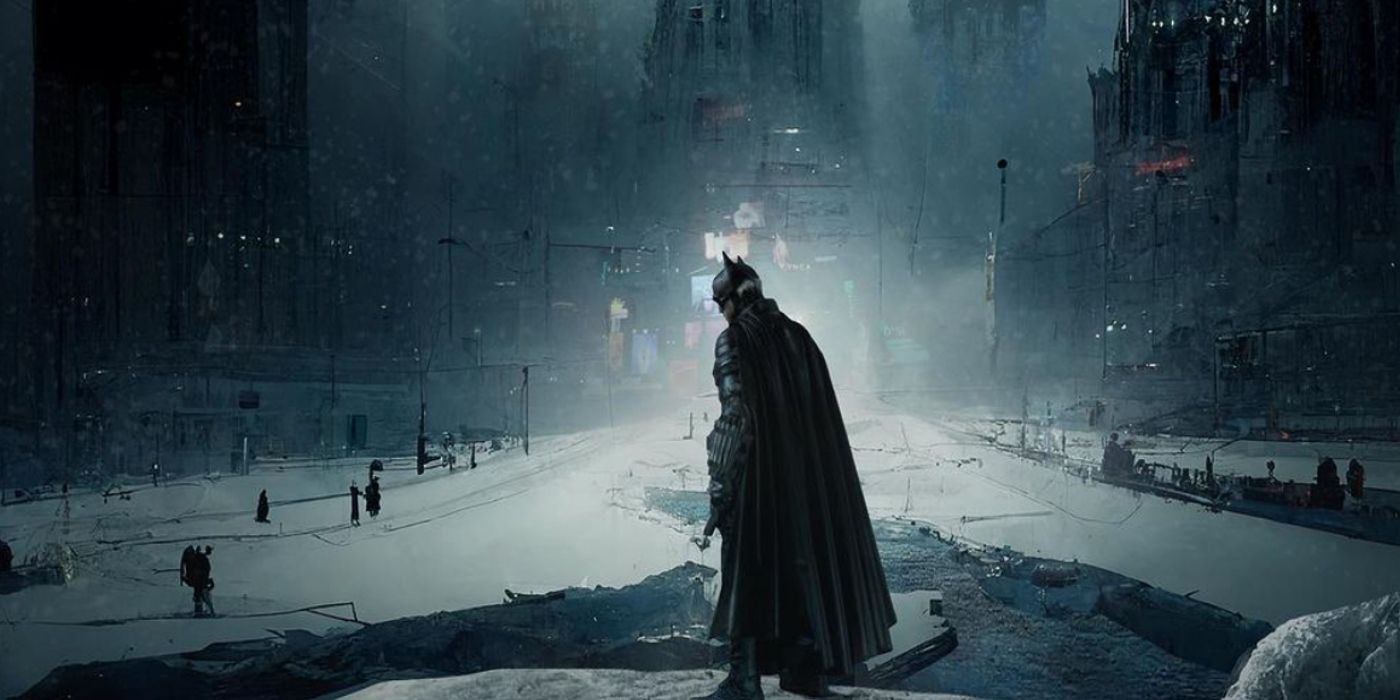 Batman standing before a snowy Gotham City in The Batman 2 fan art. 