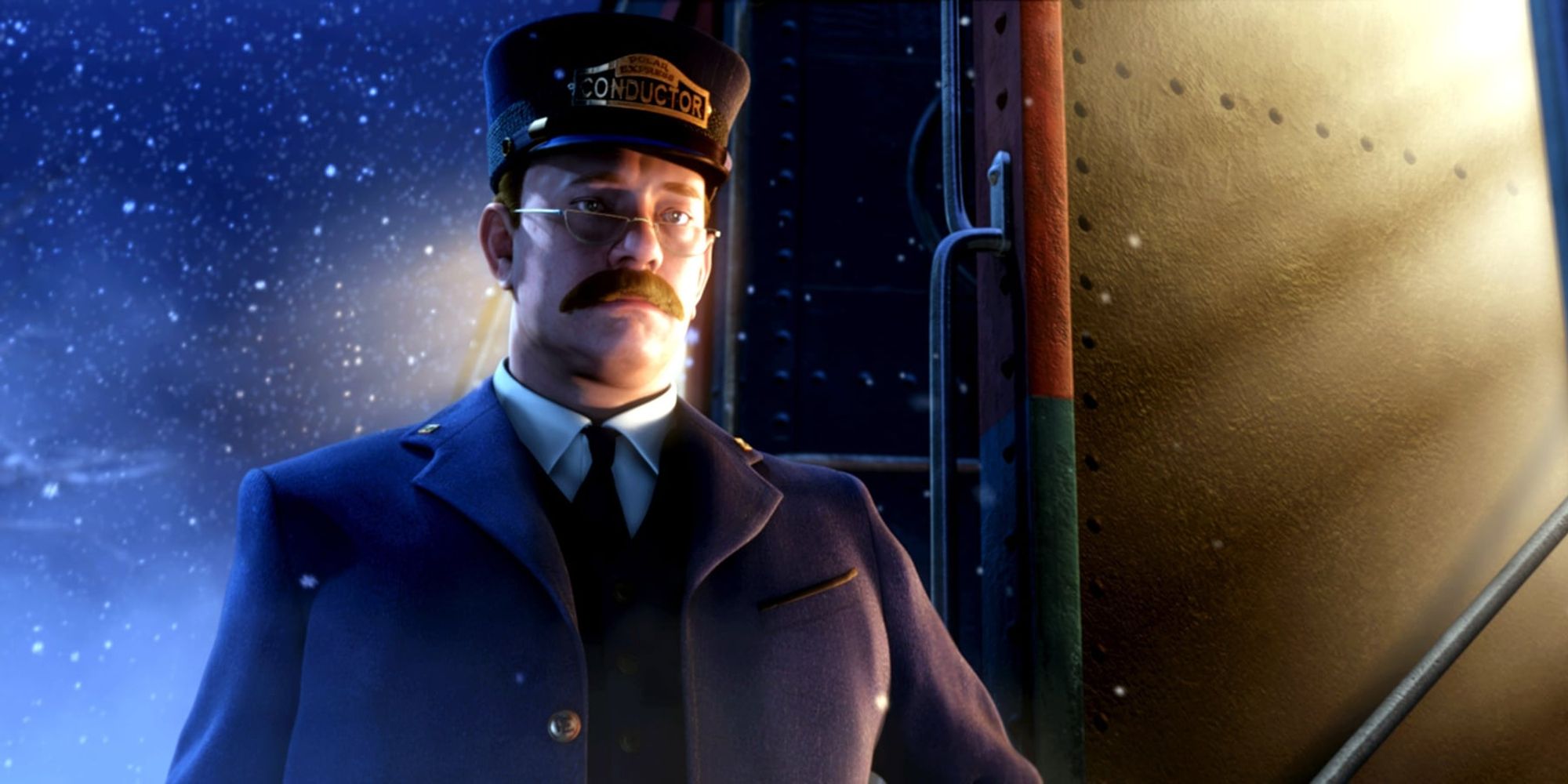 The conductor standing beside the train in The Polar Express (2004)